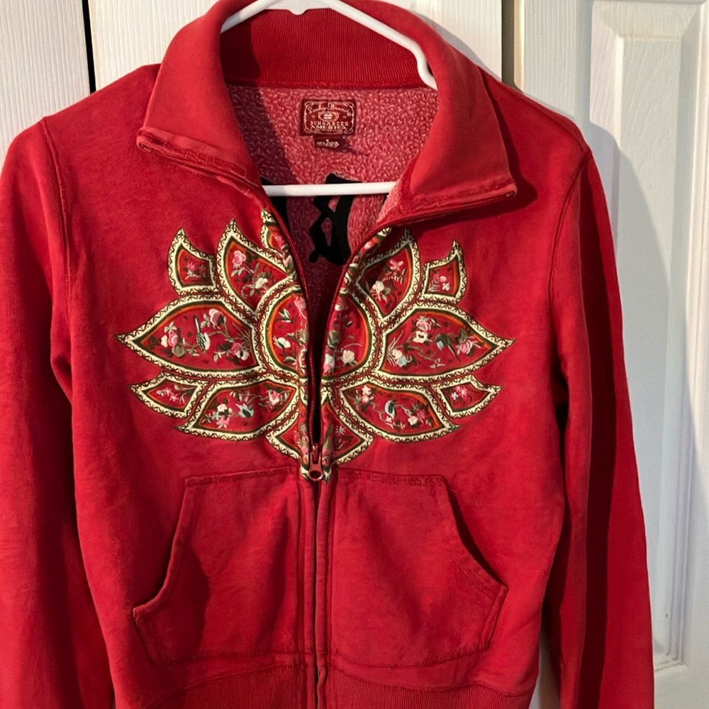 Lucky Brand Red and Gold Bomber Jacket with Embroidery